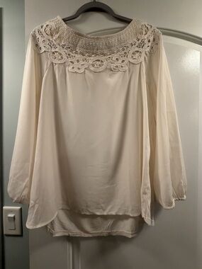LOFT Cream Crochet Yoke Long Sleeve Blouse